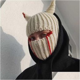 Cycling Caps Masks Halloween Funny Horns Knitted Hat Beanies Warm Fl Face Er Ski Mask Windproof Clava For Outdoor Sport Drop Deliv Dhrtk