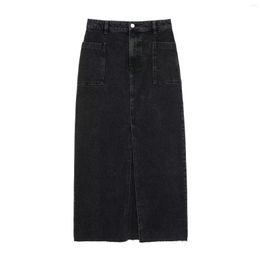 Skirts 2023 Casual Skinny Denim Slit Design Skirt Autumn Ladies Black Pocket High-Waisted Midi Jean Hip Wrap For Women