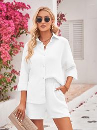 Women's Tracksuits 2023 Summer Casual Button Cotton Two Pieces Sets Women Long Sleeve Street Style White Shirts Shorts Set Outfit