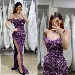 Purple Elegant Dark Evening Dresses Off Shoulder Sequins Party Prom Pleats Split Long Dress For Special Ocn