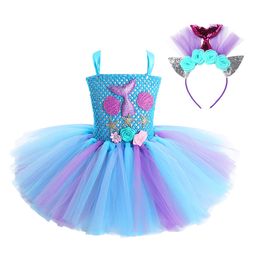 Girl's Dresses Kids Girls Cosplay Party Dress Princess Dress Up Mermaid Tulle Tutu Dresses Theme Birthday Party Costume with Flower Headband 230731