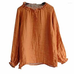 Women's T Shirts Double-Layer Yarn-Dyed Linen Pleated Long-Sleeved T-shirt