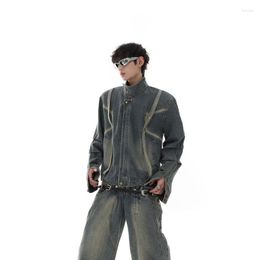 Men's Jackets Retro Niche Press Pleated Denim Jacket Stand Collar Loose Causal High Street Short Men Tops Male Clothes