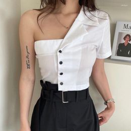 Women's Blouses Fashion Irregular Off-the-shoulder Design Femme Blouse Slim Waist Simple Single-breasted Blusas 2023 Summer Short Shirt