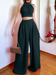 Women's Two Piece Pants Women Solid Color Elegant Pant Suits Halter Backless Tie-up Tank Top High Waist Wide Leg Summer Y2K Sets