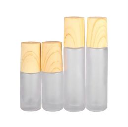Frosted Glass Roller Bottles 5ml 10ml Roll on Bottle with Metal Roller Ball Wood Grain Plastic Lids for Perfume Essential Oil Lip Balms LL