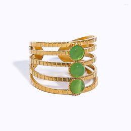 Cluster Rings WILD & FREE Vintage Stainless Steel Wide For Women 18K Gold Plated Green Opal Natural Stone Luxury Adjustable Jewellery