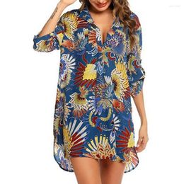 Women's Swimwear Printed Thin Sunscreen Beach Skirt 2023 Swimsuit Lapel V-neck Long Sleeve Blouse Bikini