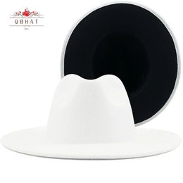 Wide Brim Hats Bucket QBHAT White Black Patchwork Women Unisex Panama Wool Felt Fedora Ladies Party Trilby Cowboy Cap Fashion Jazz Hat 230801