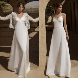 Graceful A Line Wedding Dresses With Long Sleeves Beaded Jacket V Neck Appliqued Bridal Gowns Floor Length Satin robe de mariee250H