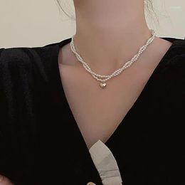 Pendant Necklaces Fashion Layer Double Simulated Pearl Necklace For Women Gold Color Heart Clavicle Goth Statement Jewelry Gifts