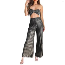 Women's Two Piece Pants Chic Summer Two-Piece Pleated Sets Women Party Office Suits Solid Color Halter Crop Tops High Waist Wide Leg