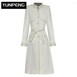 Women's Trench Coats 2023 Elegant High Quality Luxury Design Spring Long Coat Women Sleeve Single Breasted Belted Loose Tweed Overcoat