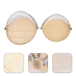 Dinnerware Sets 2 PCS Flat Tray Household Storage Basket Bamboo Sieve Dustpan Woven Hamper Lid Handmade Gift Platter Practical Chic