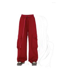 Women's Pants Red Cargo Y2k Retro High Street Fashion Waist Baggy Trousers Harajuku Casual Wide Leg Streetwear 2023