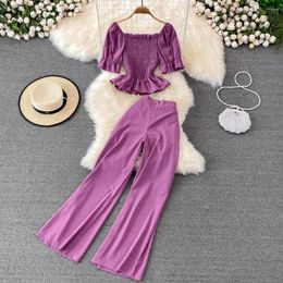 Women's Two Piece Pants Spring Women Fashion Elegant 2 Pieces Vintage Cropped Tops Wide-Leg Trousers Suit Female Solid Beach Holiday Party