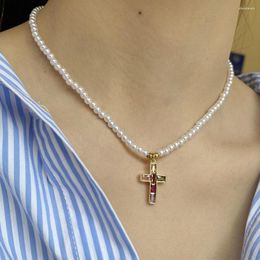 Pendant Necklaces Western Cross Embedded Square Zircon For Women Collar Imitation Pearl Necklace Stainless Steel Clasp Gold Colour