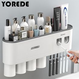 Toothbrush Holders YOREDE Magnetic Cups Toothbrush Holder Wall Storage Rack Toothpaste Dispenser Home Storage Organizer Bathroom Accessories Set 230731