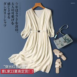 Casual Dresses White Dress Women Natural Silk Mid-Calf Lantern Sleeve V-Neck Vestidos De Mujer Maxi For Three Quarter