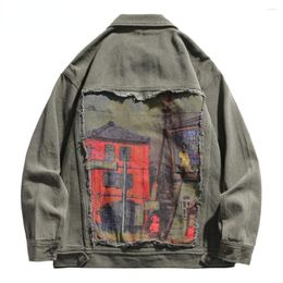 Men's Jackets Hip Hop Denim Jacket Streetwear Mens Vintage Painting Ripped Jean Coats 2023 Harajuku Autumn Cotton Green Khaki