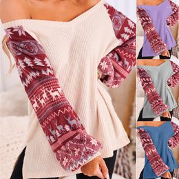 Women's Sweaters Winter 2023 Christmas Fashion Ladies V-Neck Pullover Casual Side Slit Knitted Print Lantern Sleeve Sweater