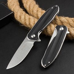 MBK H3081 Flipper Folding Knife 440A Stone Wash Drop Point Blade Black G10 with Stainless Steel Sheet Handle Ball Bearing Fast Open EDC Pocket Knives