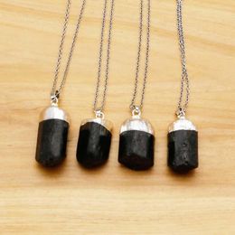 Pendant Necklaces Natural Raw Stone Black Tourmaline Silver-plated Irregular Necklace Stainless Steel Chain DIY Charm Healing Jewelry 1Pcs