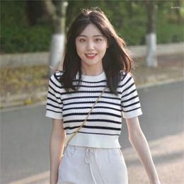 Women's Sweaters Woman Knit Short Sleeve Ice Silk Blouse Female Round Collar Black And White Striped Cotton T-shirt Loose Half Top G123