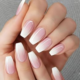 False Nails 24Pcs Gradient Short Ballet Set With Glue White Simple Coffin Fake Press On Full Cover Nail Tips