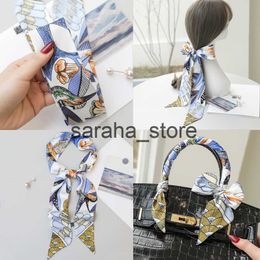 Scarves 2022 Spring New Korean Ins Flower Bird Feather Women's Small Silk Scarf Binding Bag Handle Silk Ribbon Hair Band Small Scarf J230801