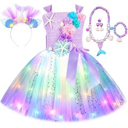 Girl's Dresses Princess Mermaid Dress for Girls LED Light Up Ocean Themed Birthday Party Tutu Dress Clothes Halloween Costume for Kids Vestidos 230801