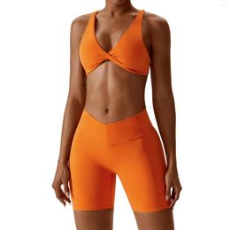 Active Sets Women Stretchy Compression V Cut Scrunch Back Shorts And Bra Set Solid Colour Outdoor Exercise Yoga Suit For Summer