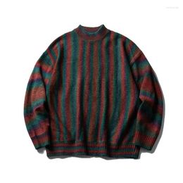 Men's Sweaters American Streetwear Fashion Vintage Hip Hop Stripe Pullover Sweater Male Shoulder Drop Loose Casual Knitwear