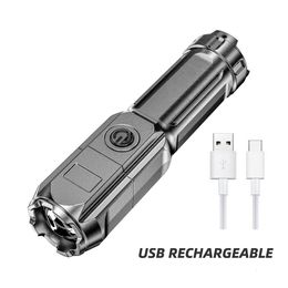 Flashlights Torches High Power LED Flashlight USB Rechargeable Torch Portable Zoomable Camping Light 3 Lighting Modes Use Strength ABS Material 230801