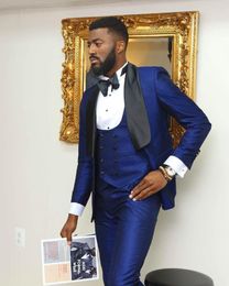 Men's Suits (Jacket Pants Vest) Royal Blue With Satin Shawl Lapel Luxury Tuxedo Wedding Man Suit 3 Piece Formal Blazer Custom Made