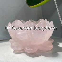 Pink Crystal Love Stone Lotus Healing Energy Gift Natural Semi Precious Gemstone Rose Quartz Carved Flower Statue Specimen Yoga Heart Chakra Reiki Meditation Decor