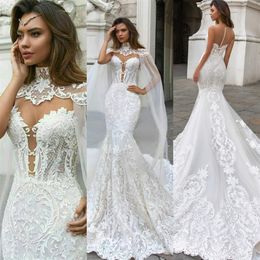 Prinzessin Meerjungfrau Hochzeitskleid mit Cape Sexy High Neck Bohemian Hochzeitskleid Applikation Plus Size Dubai Brautkleid Günstige Vestidos303T