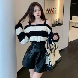 Women's Sweaters WDMSNA Vintage Colour Contrast Stripe Jumpers Autumn Loose Sling One Shoulder Knitted Sweater Women Long Sleeve Pull Femme