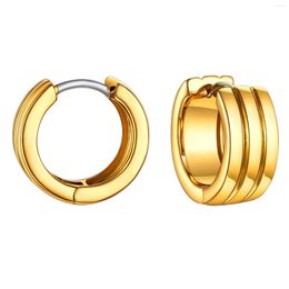 Hoop Earrings U7 Huggie Earring For Women 18K Gold Colour Wide Triple Lines Flat Band Silver Post Saddlebacks Simple