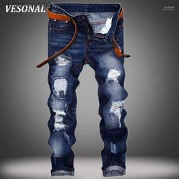 Men's Jeans Men's Jeans Wholesale- VESONAL D Hole Slim Biker Hip Hop Swag Men Pants Fashion Casual Vintage Ripped Denim Mens Trousers Black VE1211 Z230801