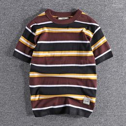 Men's T Shirts Summer Splicing Pure Cotton Stripe Short Sleeve T-shirt Streetwear Amekaji Heavyweight Casual Male Round Neck Tshirt Tops Tee