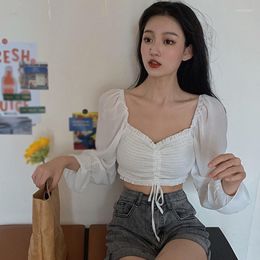 Women's Blouses Pleated Women Solid Colour Female Shirts Square Collar Short Chiffon Long Slevee Streetwear