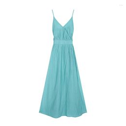 Casual Dresses Women's Sexy Low Cut Spaghetti Strap Dress Summer Chic Design Elegant Bow Lace Up Female Backless Sleeveless A-line Long