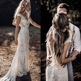 Vintage Mermaid Backless Bohemian Wedding Dresses V-neck Cap Sleeve Crochet Cotton Lace Countryside Woodland Bridal Gown284K