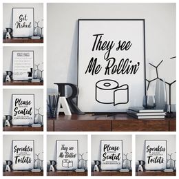 Nordic Black White Funny Bathroom Canvas Painting Art Picture Toilet Rules Sign Posters And Prints For Toilet Bathtub Room Home Decor w06