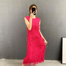 Casual Dresses Pleated Dress Rose Red 2023 Round Neck Tassel Chic Design