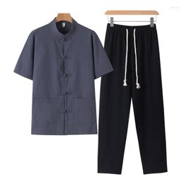 Men's Tracksuits 2023 Summer Men Cotton Linen Sets Mens Solid Colour Suit Chinese Style Short Sleeve Shirt Long Pants Male Tai Chi