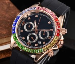 Classic Three Eye Dial Designer Luxury Rubber Strap Men Watch Bezel Set With Colored Diamonds Economical Quartz Movement Man Watch No Box