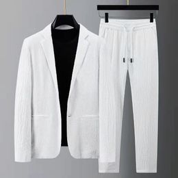 Mens Suits Blazers Men Suit Drawstring Pants Sets Tracksuit Spring Autumn Pleated Thin Casual Outfits Black White Single Button 230731