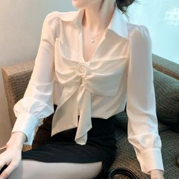 Women's Blouses 2023 Vintage Chiffon Women Autumn Fashion Long Sleeve Turn Down Collar Bow Roses Flower Ladies Shirts Tops